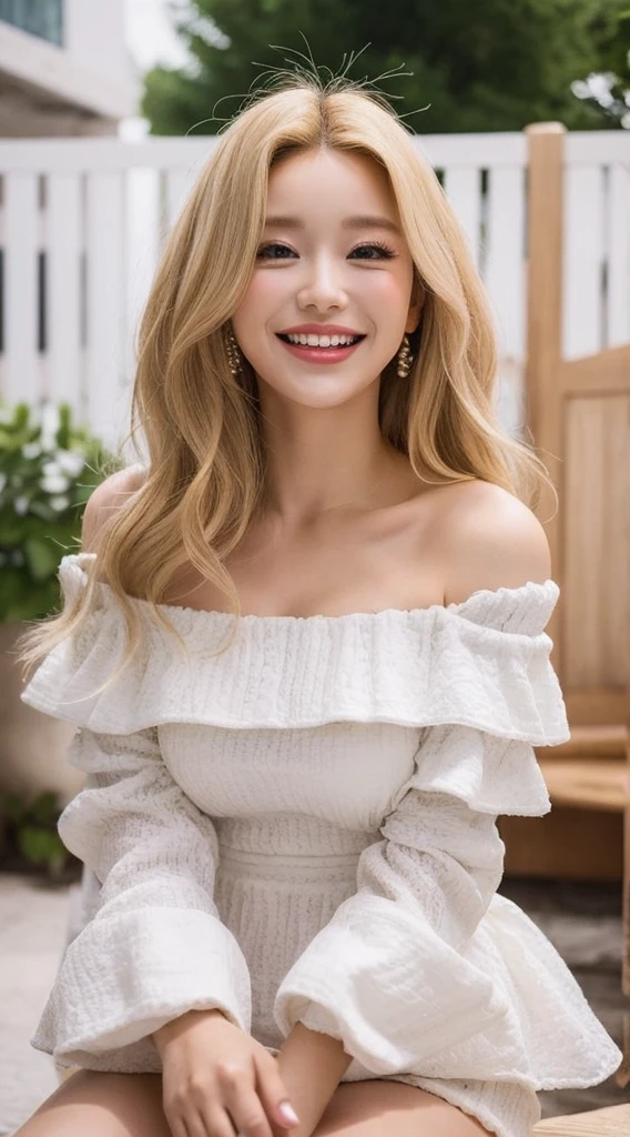Surreal beautiful woman with blonde wavy hair and a big smile on her face.South Korea.Pure white off-shoulder low-cut dress.role play