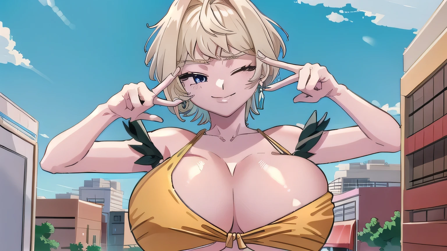 gigantic breasts,bursting breasts,cleavage cutout,cute smile,shy,one eye closed, around city ,masterpiece, best quality, 1girl, Chie satinaka cosplay as mii brown hair, short hair, blue eyes, earrings,, bikini, large breasts, cleavage, upper body, smile, , looking at viewer, simple background, retro artstyle, 1980s \(style\), 1990s \(style\),man in between breasts,dance