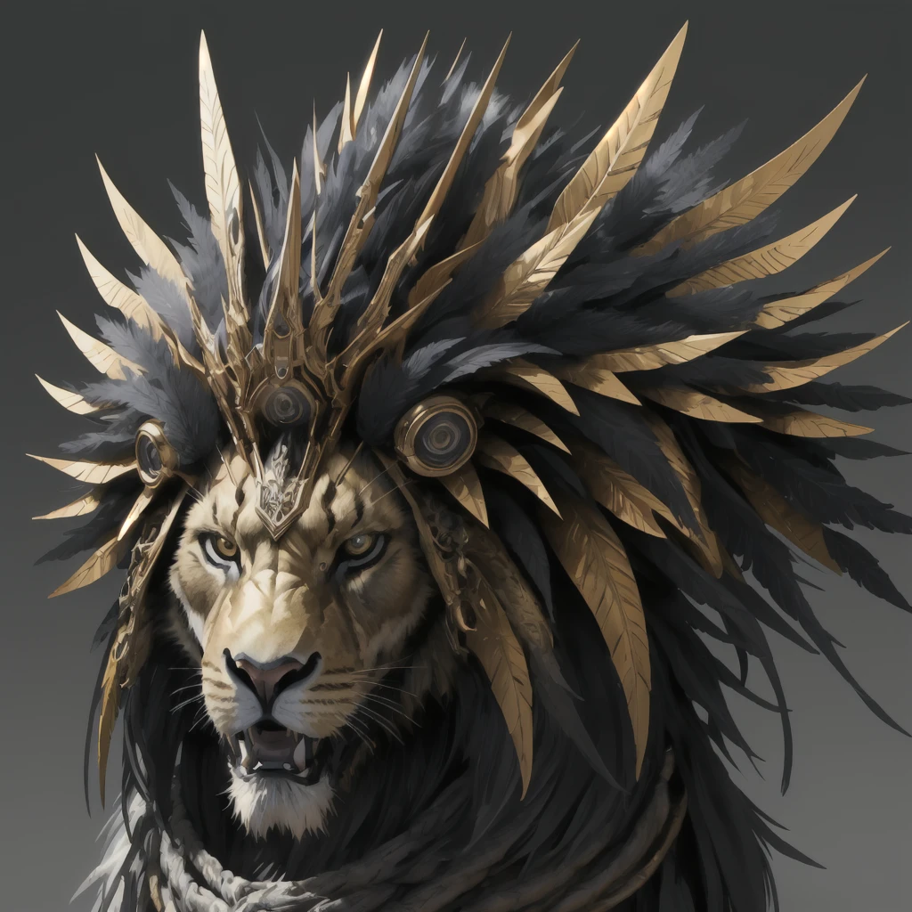 mictecacihuatl lion god of death black and grey vector style , highly detailed lion as face with feather headdress