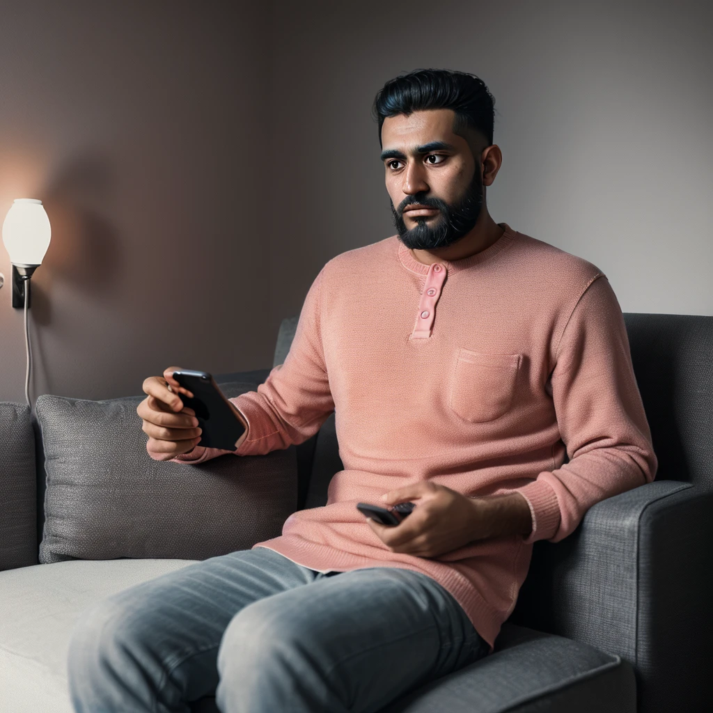 A Muslim man with a medium-sized beard, sitting on a small sofa, watching a mobile phone, a 3D animated Instagram logo printed on the wall, light pink bulb on the wall, (best quality,4k,8k,highres,masterpiece:1.2),ultra-detailed,(realistic,photorealistic,photo-realistic:1.37),hyperrealistic,elegant interior,warm lighting,soft colors,intricate details,moody,cinematic,dramatic composition