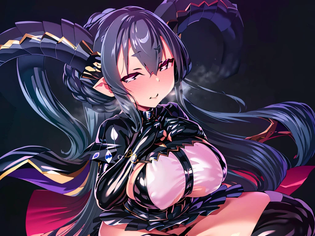 (8K, Highest quality, masterpiece:1.2),\(eye\),(\(Garment Details\)\),(Huge boobs) ,高画質CG Unity 8K ファイルサイズが大きい,Very detailed,High resolution,美しいeye,Ray Tracing,Dramatic Shadows,finely,Hyper Detail,(1 girl:1.3),(alone),Long Hair、wear(Cosplay_,Very cute black and purple lingerie with frills,Short skirt),blush、Thick thighs、((eyeに見えるパンティー))、((Black panties))、Knee socks、Two-dimensional woman、(((Squat)))、((Face forward and spread your legs wide))、Simple Background、Sweat a lot