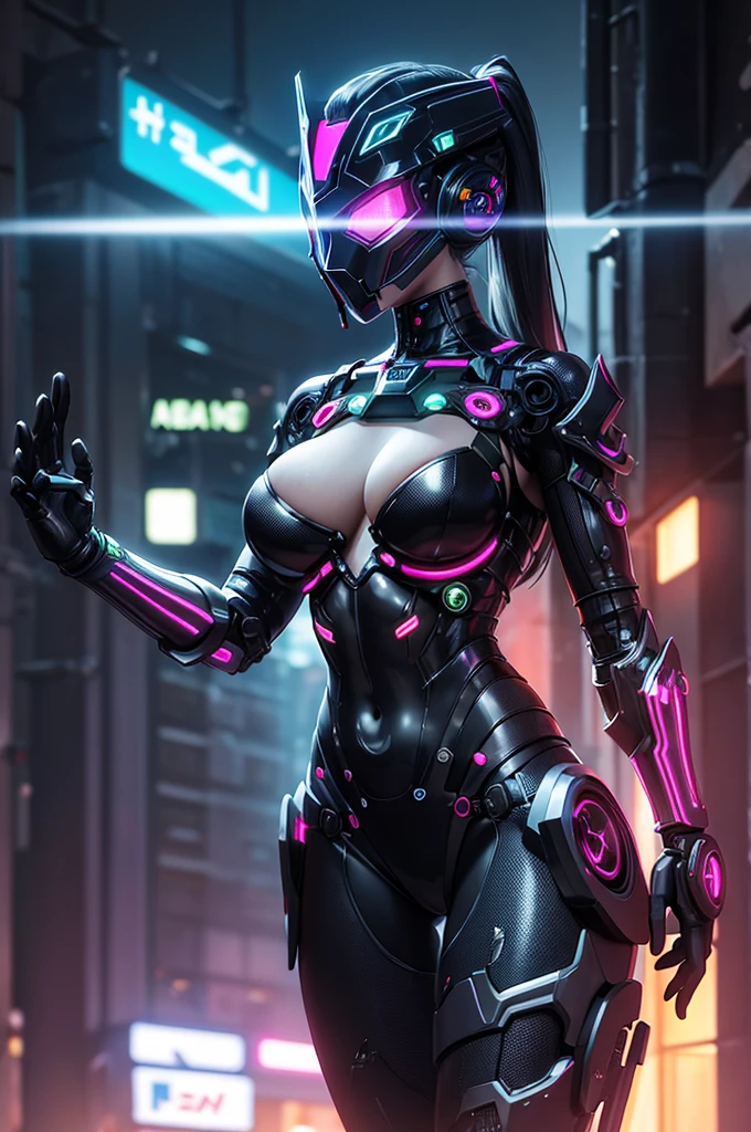  pose, cyberpunk girl,  multicolor robot bikini , robot mask, futuristic, intricate details, mechanical elements, neon lights, dark atmosphere, glowing eyes, chrome, hyper-realistic, cinematic lighting, masterpiece, 8k, photorealistic