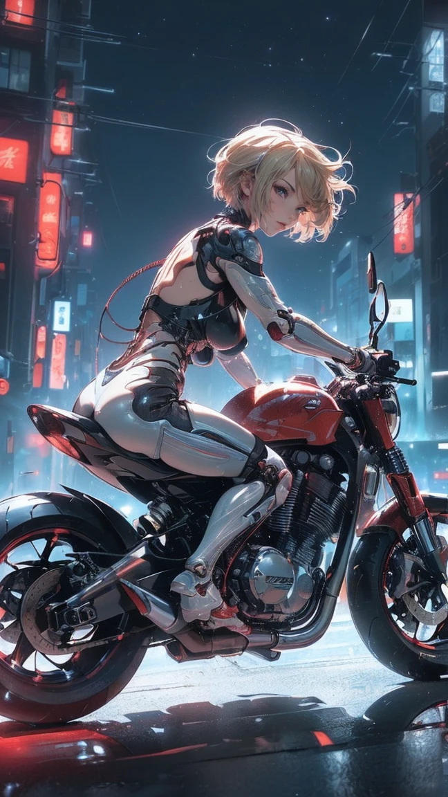 (Female cyborg on a bike)(((8K.HDR.Hyperrealism、Masterpiece 1.2、wlop1、Cinematic、Further content、Live Photo 1.2、Highest quality 1.2、Ultra high definition、Very detailed、Perfect Shading、Face close-up 1.2、1 photo、Commercial Photo 1.2、50mm、Film Grain、sf)))、(((Cyborg riding a red bike、))(Mechanical joints:1.2)、((Mechanical Limbs))、(Blood vessels connected to tubes)、(Mechanical vertebrae attached to the back),((Mechanically connects the cervical spine to the neck),No facial expression,(Wires and cables attached to the neck:1.2)、(Head wires and cables:1.2)、(Focus on the characters)、(Rider Suit、Buildings at night、Buildings at night、Impressive night view、Cyberpunk World、Riding on motorcycle、Riding on motorcycle)、、(Focus on the characters、Angle from the side)、(White skin、Blonde、short hair、No bangs)