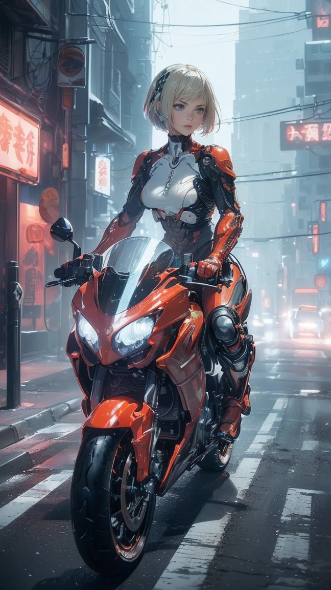 (Female cyborg on a bike)(((8K.HDR.Hyperrealism、Masterpiece 1.2、wlop1、Cinematic、Further content、Live Photo 1.2、Highest quality 1.2、Ultra high definition、Very detailed、Perfect Shading、Face close-up 1.2、1 photo、Commercial Photo 1.2、50mm、Film Grain、sf)))、(((Cyborg riding a red bike、))(Mechanical joints:1.2)、((Mechanical Limbs))、(Blood vessels connected to tubes)、(Mechanical vertebrae attached to the back),((Mechanically connects the cervical spine to the neck),No facial expression,(Wires and cables attached to the neck:1.2)、(Head wires and cables:1.2)、(Focus on the characters)、(Rider Suit、Buildings at night、Buildings at night、Impressive night view、Cyberpunk World、Riding on motorcycle、Riding on motorcycle)、、(Focus on the characters、Angle from the side)、(White skin、Blonde、short hair、No bangs)