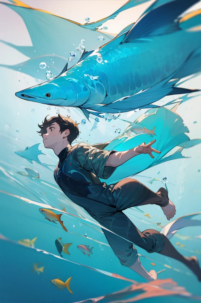 highres, masterpiece, perfect anatomy, best quality,8k, perfect face, expressive eyes, 1boy, underwater, happy, swimming underwater, creative, underwater view, fish, official art, full body, looking away from viewer, trending on pixiv, swimming, floating, 3/4ths view