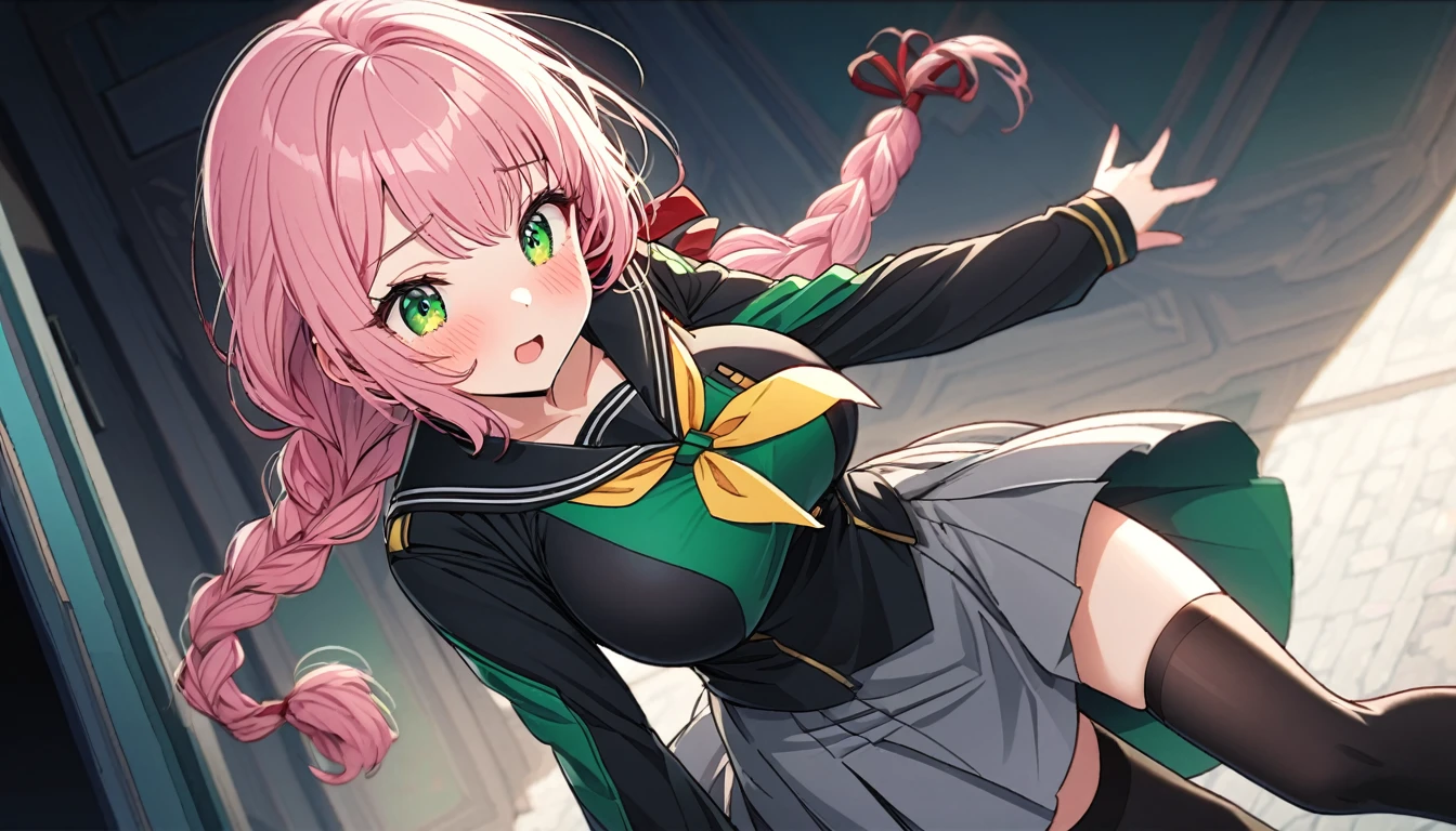 An attack action in which the head is positioned low, the upper body is twisted, and one leg is kicked straight up..Standing Split, (Masterpiece)), ((Super detail, top quality, high resolution, 8k wallpaper), (Full body, 1 girl), (Pink hair, long hair, straight hair, both sides up)) (Green eyes), 18 years old. Kung fu action.
