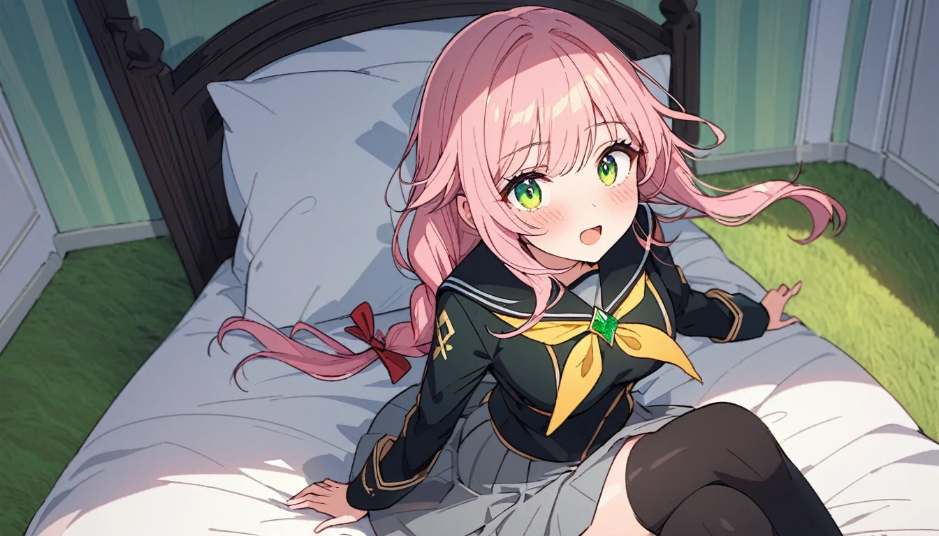 The image is of a beautiful woman wearing a tight fitting uniform. The woman has long flowing pink hair with strands of braided hair tied with red ribbon throughout. She has gorgeous green eyes that shine like emeralds. Her face is youthful and gorgeous. Her breasts are ample and seem too large for her uniform. She is short in height but well developed -a short stack. She blushes as you look at her. She's standing in your bedroom and is excited to be with you. The image is ultra detailed with gorgeous colors, perfect line work, and detailed shading. YasogamiFemaleWinter, black shirt, long sleeves, black sailor collar, yellow neckerchief, grey skirt, black thighhighs