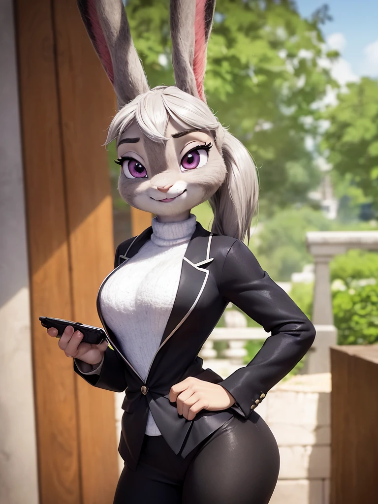 best quality, masterpiece, 3D anime, (((solo))), (((1girl))), ((Face is JudyHopps)), (long ears like a rabbit:0.8), Heir is in a black ponytail style, Body is human lady,
She is a new employee,
Hers outfit is business suit, She is wearing a black jacket over a white blouse and a black skirt, (the suit is made of wool:1.4), ((skin is silver with fluffy and fluffy)), (portrait view), In the background there is a green leaves, ((Her expression shows a fresh fresh smile))