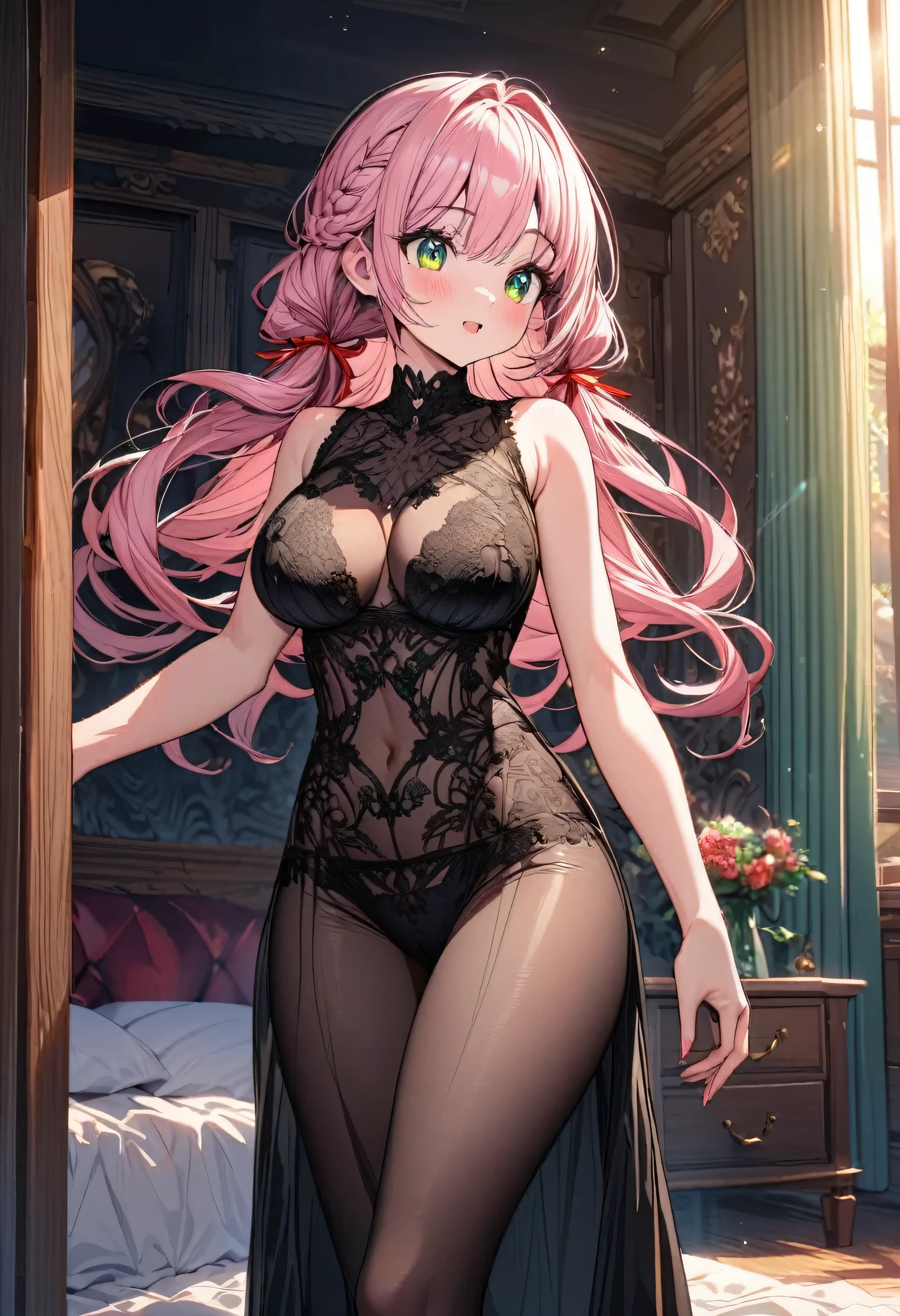 The image is of a beautiful woman wearing a tight fitting black lace lingerie. The woman has long flowing pink hair with strands of braided hair tied with red ribbon throughout. She has gorgeous green eyes that shine like emeralds. Her face is youthful and gorgeous. Her breasts are ample and seem too large for her tight fitting black lace bra. She is short in height but well developed -a short stack. She blushes as you look at her. She's standing in your bedroom and is excited to be with you. The image is ultra detailed with gorgeous colors, perfect line work, and detailed shading.