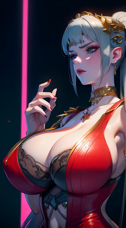 Complex 3D rendering of ultra-fine beautiful porcelain contoured female face, , Integrated Circuit Components, 150 mm, Beautiful studio soft lighting, Rim Light, Vivid details, Luxury Cyberpunk, Lace, hypeRPractical, anatomy,((Full and soft breasts,)))(((Large Breasts))) (((Cleavage))) Facial muscles, Cables and wires, Microchip, elegant, Beautiful background, Octane RendeRing, H. R. Gig Style, 8K, best quality, masterpiece, illustration, Extremely refined, Very detailed ,CG ,Unite ,wallpaper, (Practical, photo-Practical:1.37),Astonishing, Fine details, masterpiece,best quality,Official Art, Very detailed CG Unite 8K wallpaper, absurd, incRedibly absurd, , Silver beads, sit,Bangs, , Long hair