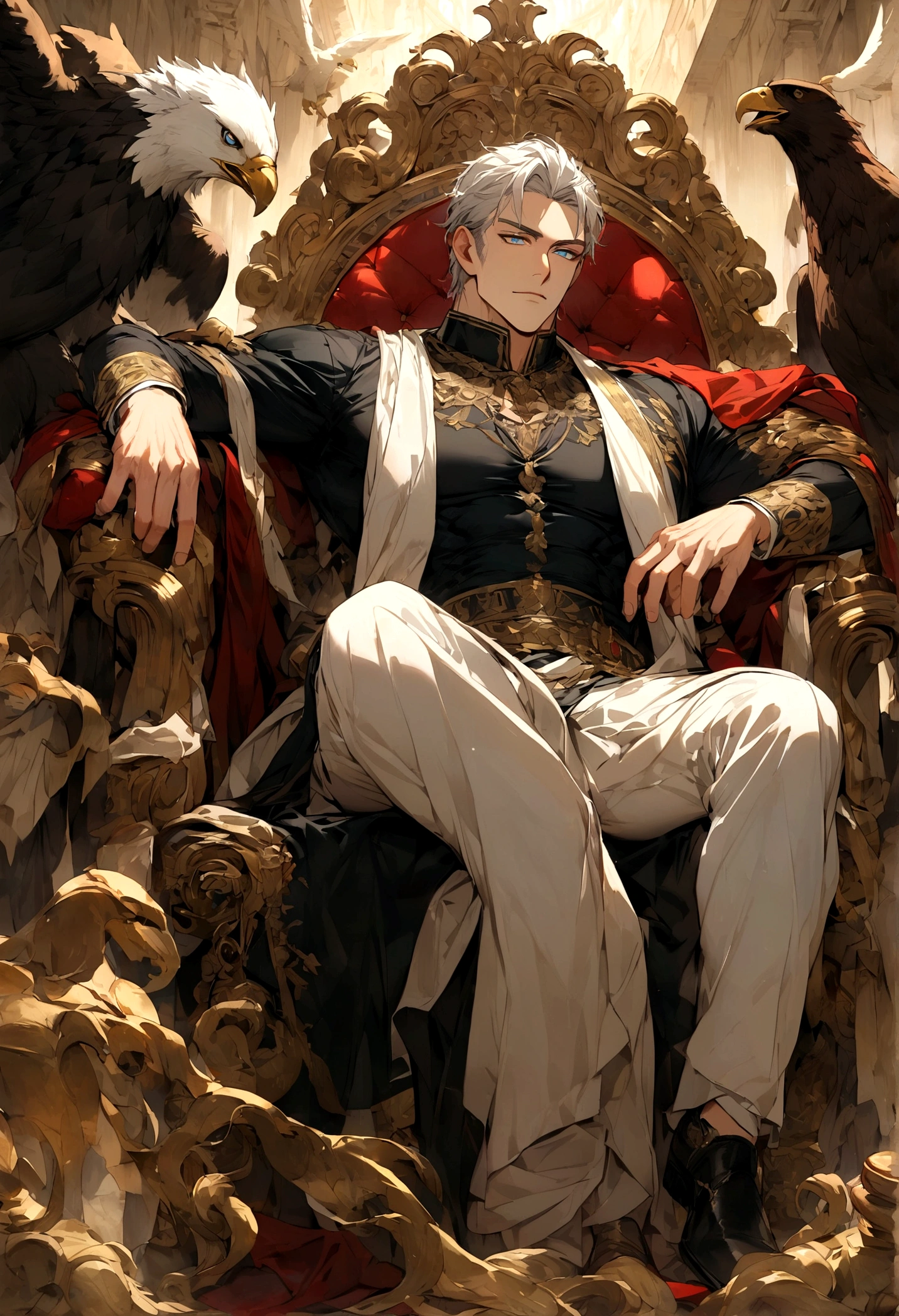 A handsome man with white hair, azure eyes and muscular body wearing Greek attire sat on a throne decorated with eagles and bulls while resting one leg.

His hand is holding a thunderbolt and a lot of thunder brighting around his throne.