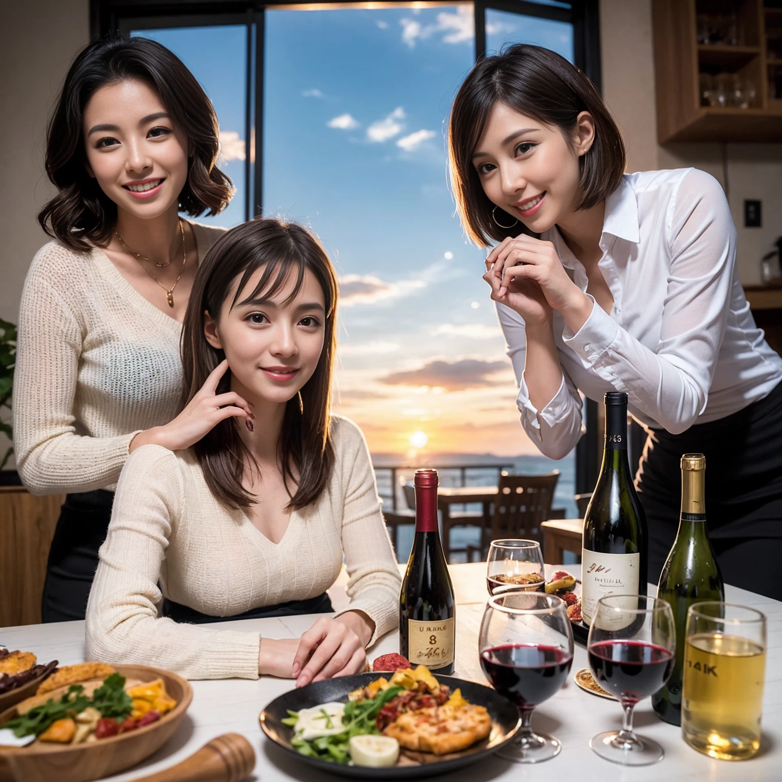 ((Highest quality、8K、masterpiece:1.3))、 (Ultra-realistic、 Genuine、Bright image、Intricate details:1.2), 最高のsmile、1 male 1 female、Wine Party、Beautiful couple、Love Love Love、Tokyo Lovers、Beautiful friends、actress couple、smile、Full-course dinner at a packed table、 (Slim face), (the body is slim), (Brown Hair), (short hair), テーブルのwine glass、Please shine a light on my face、 Amazing view of the sunset sky and clouds、 years old 39 years old, red wine 、Appetizers、Wine bottle、sparkling wine、Long sleeve shirt、dress、White wine, red wine, wine glass, 