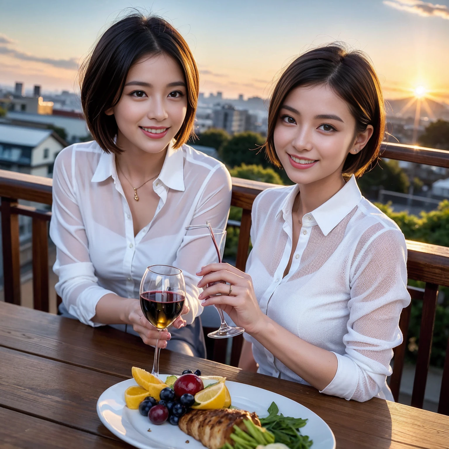((Highest quality、8K、masterpiece:1.3))、 (Ultra-realistic、 Genuine、Bright image、Intricate details:1.2), 最高のsmile、1 male 1 female、Wine Party、Beautiful couple、Love Love Love、Tokyo Lovers、Beautiful friends、actress couple、smile、Full-course dinner at a packed table、 (Slim face), (the body is slim), (Brown Hair), (short hair), テーブルのwine glass、Please shine a light on my face、 Amazing view of the sunset sky and clouds、 years old 39 years old, red wine 、Appetizers、Wine bottle、sparkling wine、Long sleeve shirt、dress、White wine, red wine, wine glass,