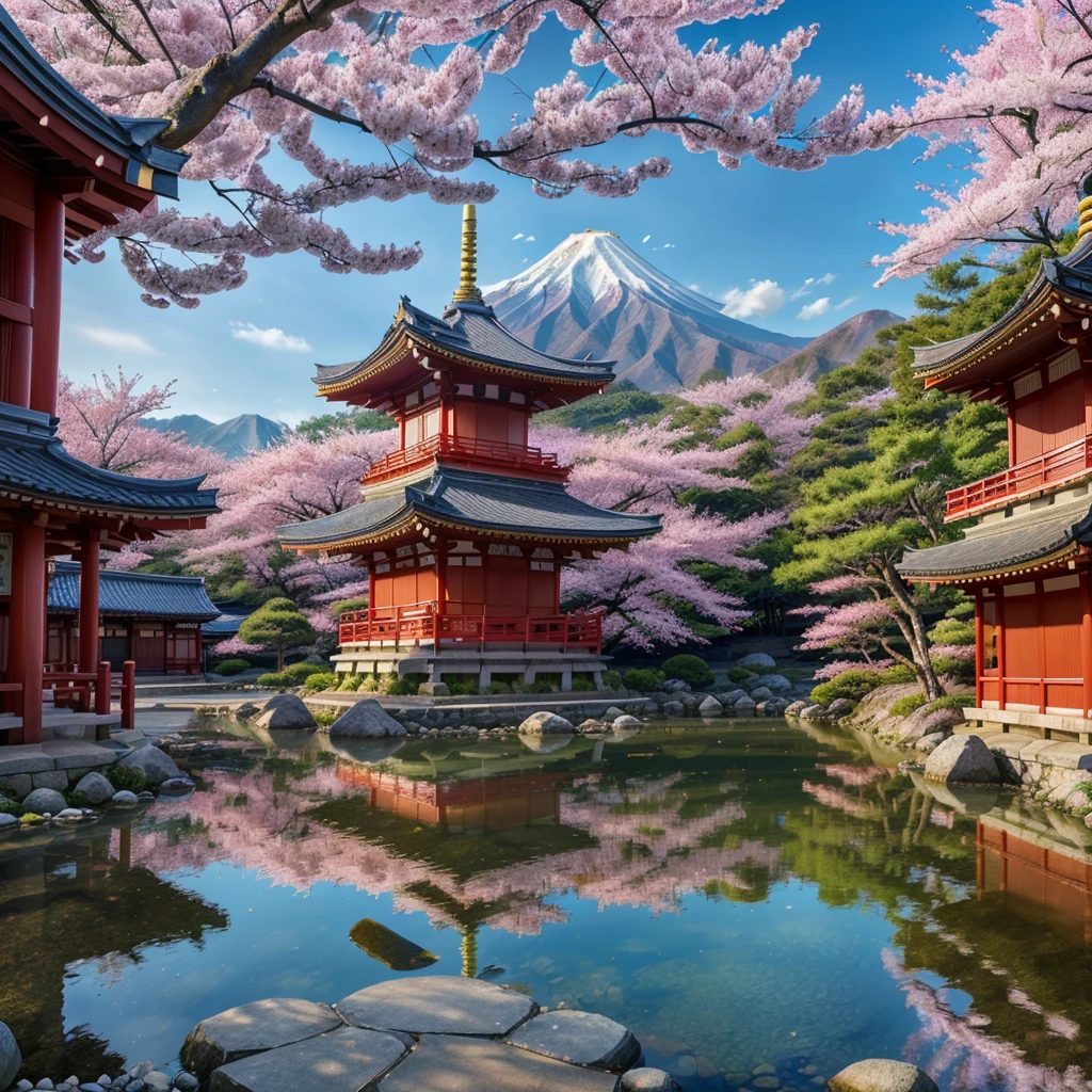 a beautiful Japanese landscape, detailed cherry blossoms, pagoda temple, mountains in the background, vibrant colors, cinematic lighting, intricate details, traditional Japanese art style, digital painting, highly detailed, masterpiece, photorealistic, 8k, (best quality,4k,8k,highres,masterpiece:1.2),ultra-detailed,(realistic,photorealistic,photo-realistic:1.37)