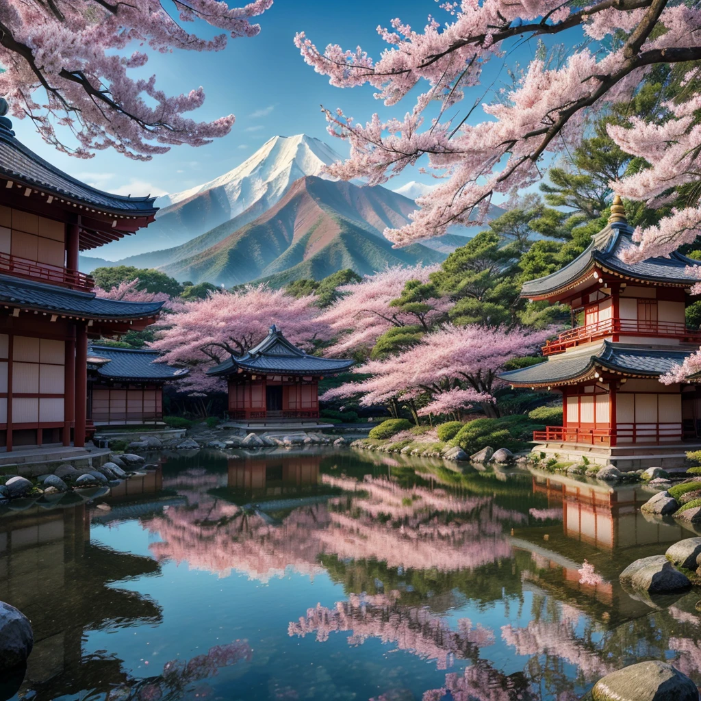 a beautiful Japanese landscape, detailed cherry blossoms, pagoda temple, mountains in the background, vibrant colors, cinematic lighting, intricate details, traditional Japanese art style, digital painting, highly detailed, masterpiece, photorealistic, 8k, (best quality,4k,8k,highres,masterpiece:1.2),ultra-detailed,(realistic,photorealistic,photo-realistic:1.37)