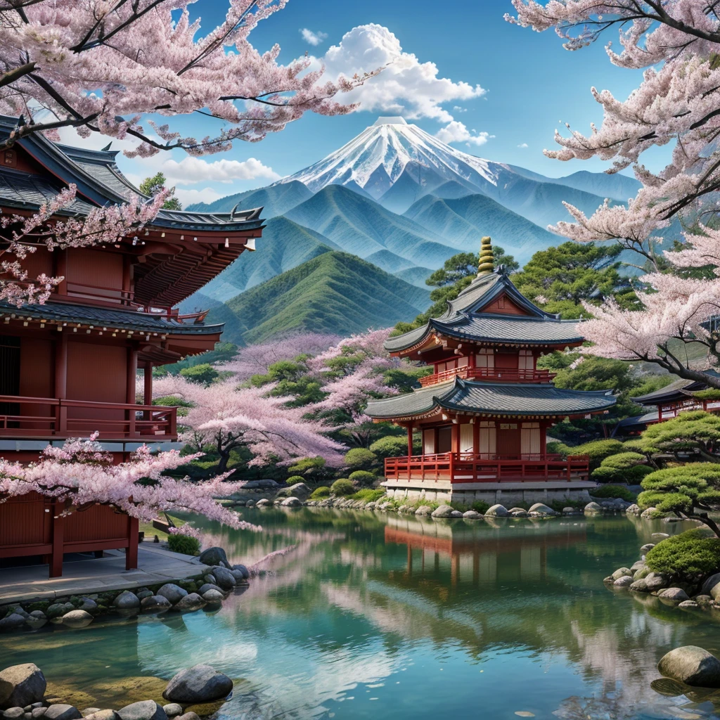 a beautiful Japanese landscape, detailed cherry blossoms, pagoda temple, mountains in the background, vibrant colors, cinematic lighting, intricate details, traditional Japanese art style, digital painting, highly detailed, masterpiece, photorealistic, 8k, (best quality,4k,8k,highres,masterpiece:1.2),ultra-detailed,(realistic,photorealistic,photo-realistic:1.37)