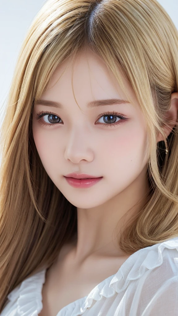 (((Blonde、forehead、Blonde、White background)))、An innocent 18-year-old girl、((Frills、race、tight、Blonde、forehead、Dramatic Pose))、smile、Long Hair、White background、RAW Photos、(8K、Highest quality、masterpiece:1.2)、(Exquisite detail:1.4)、(Realistic:1.4)、Octane Rendering、Complex 3D rendering with ultra-detail、Studio Soft Light、Rim Light、Sharp details、Very detailed、Realistic skin texture、detailed aspects、Beautiful details、Very detailed CG Unity 16k 壁紙、Compensate、(Detailed Background:1.2)、Shiny skin、Upper body close-up