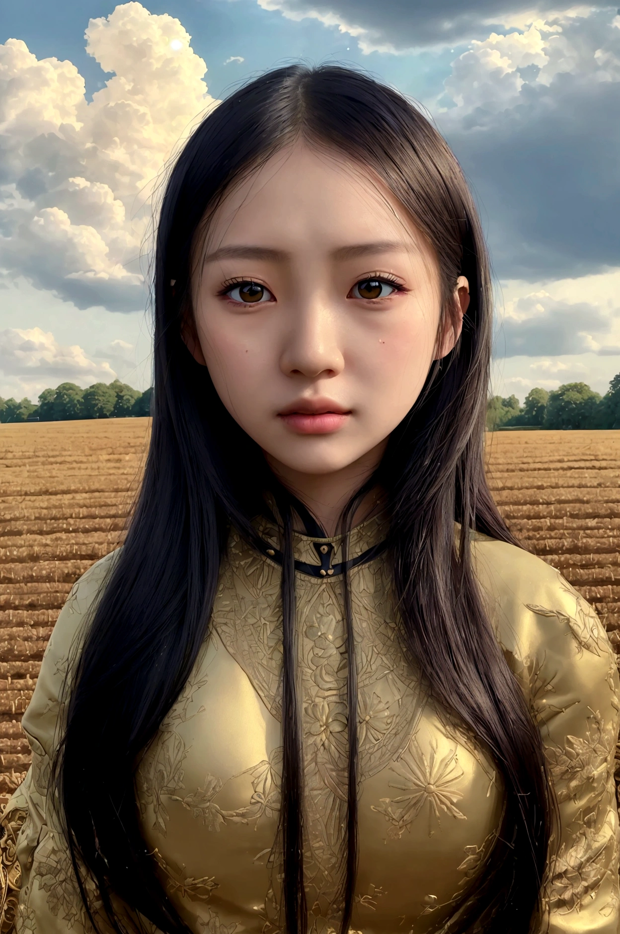 (facticity: 1.3), beautiful, quality, Rembrandt lighting, (masterpiece: 1.2), (facticity: 1.2), (Best quality), (Skin details: 1.3), (intricate details), Dramatic, Idyllic, Ray tracing, 1 girl, Chinese yellow girl, long black hair, 24 years old, Modern clothing (grassland, sun, cloud, field, farm, Starlight, Trails)  