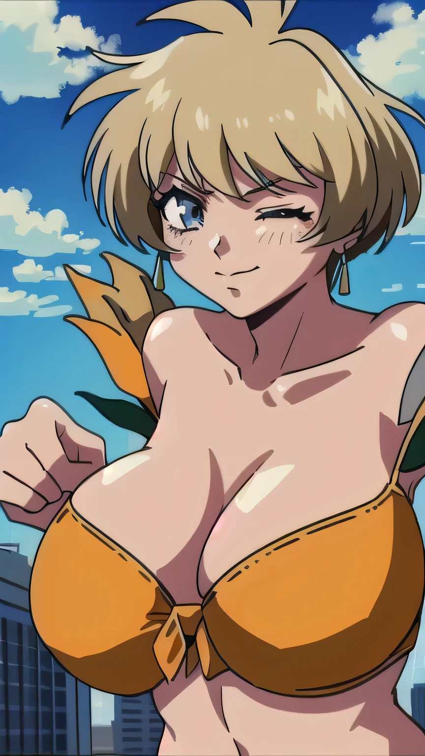 gigantic breasts,bursting breasts,cleavage cutout,cute smile,shy,one eye closed, around city ,masterpiece, best quality, 1girl, Chie satinaka cosplay as mii brown hair, short hair, blue eyes, earrings,, bikini, large breasts, cleavage, upper body, smile, , looking at viewer, simple background, retro artstyle, 1980s \(style\), 1990s \(style\),man in between breasts,dance,at night