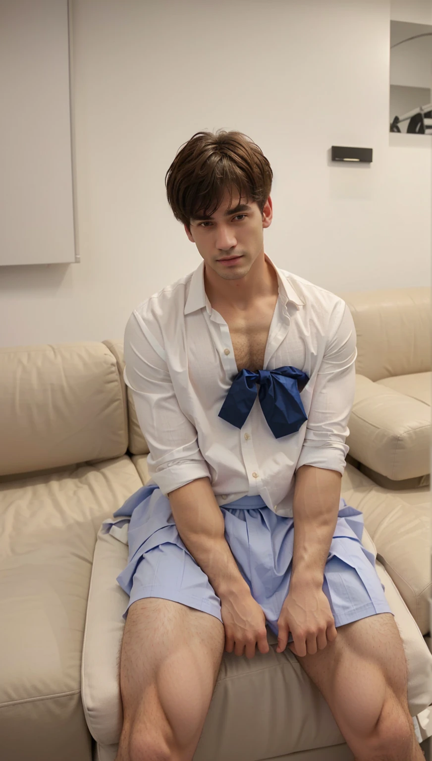 there is a man sitting on a couch wearing a white shirt and blue skirt, big chest,see-throgh,mini shirt,plump chest,muscular