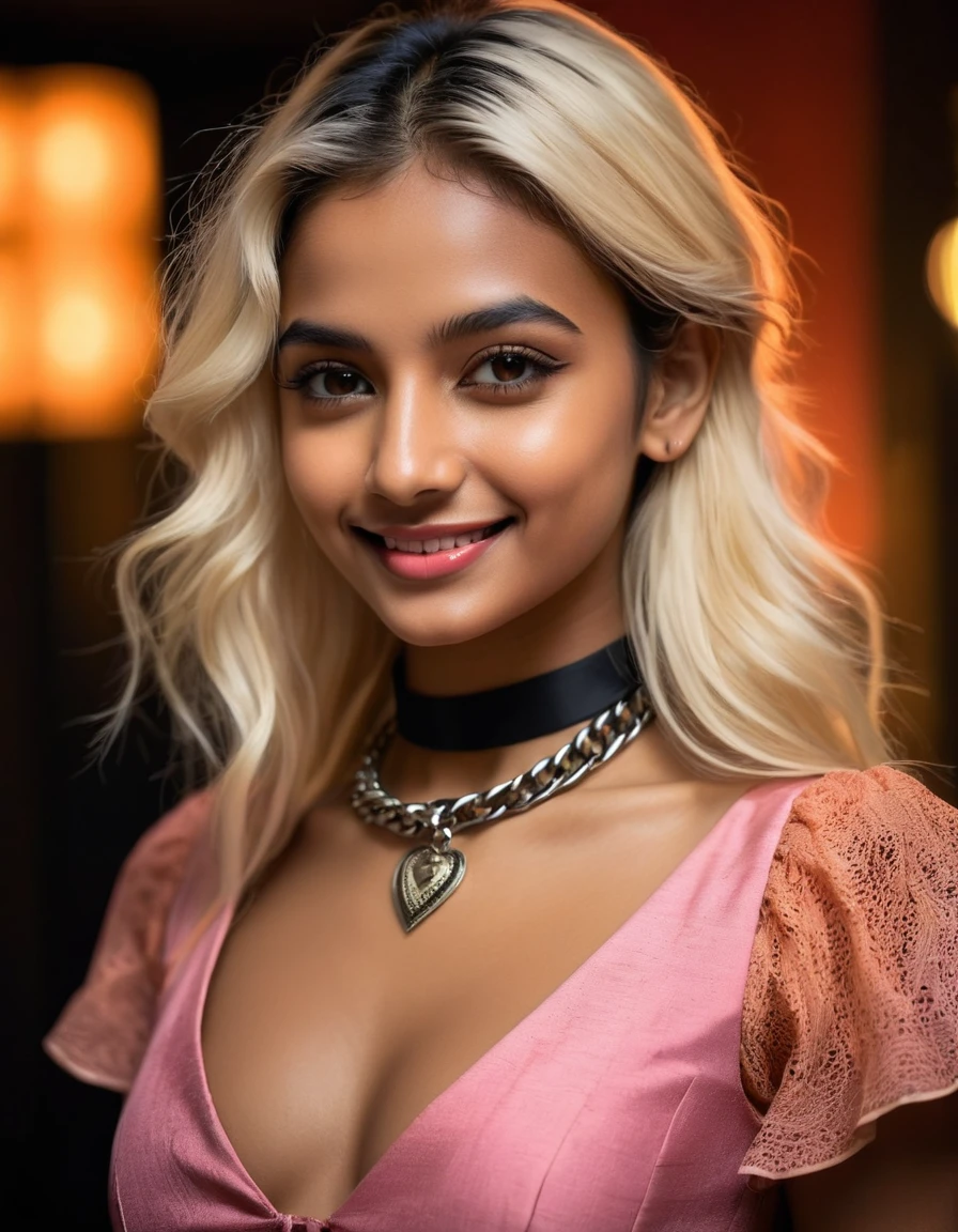 very attractive caucasian 25 year old girl with long platinum blonde hair, In this photograph, an Indian Instagram female model takes center stage. , (highly detailed face:1.4) (smile:0.7) (backround 5 star hotel , moody, private study:1.OV, by lee jeffries, nikon d850, film stock photograph ,4 kodak portra 400 ,camera f1.6 lens ,rich colors ,hyper realistic ,lifelike texture, dramatic lighting , cinestill 800, realistic, wearing orange pink and black combination dobby weave self design fit & flare dress Sweetheart neck Short, puff sleeve Tie-up detail on back Above knee length in flounce hem Attached Lining Chiffon fabric, actress, karla ortiz, posing!!, candid picture, by Max Dauthendey,Completing the aesthetic, the model wears a slave collar with a chain around her neck. The photograph is meticulously captured in 8K resolution using cutting-edge techniques such as Cinema 4D and Octane Render, resulting in a highly detailed and photorealistic image. Studio lighting, HDR, and a smoky mist create a captivating ambiance, while the bokeh effect adds an artistic touch., very realistic