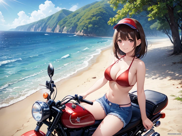 nsfw,anegasaki nene、Shiny brown hair, short hair, Beautiful brown eyes、smile、Sparkling eyes, (Fine grain)、Ultra-detailed eyes、Highly detailed face, Highly detailed eyes,

((Red bikini top、Denim short open pants))、Sun visor、Bare thighs、((The perfect bike))

(masterpiece, Highest quality:1.2), reality、(One girl riding a motorcycle), alone、(whole)、Park with an ocean view、Road with a view of the sea、Lens flare