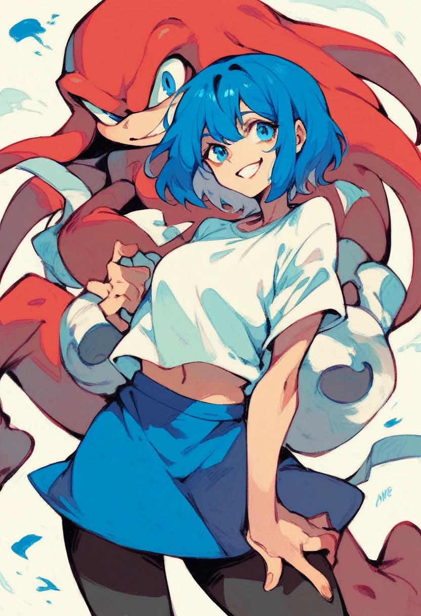 Girl, short blue hair, smiling, knuckles, blue eyes, white t-shirt, blue skirt, pantyhose.