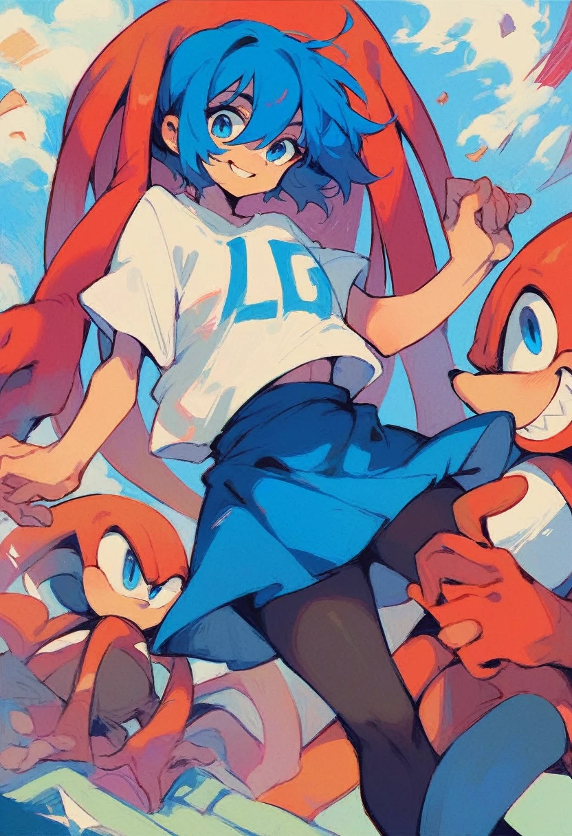Girl, short blue hair, smiling, knuckles, blue eyes, white t-shirt, blue skirt, pantyhose.