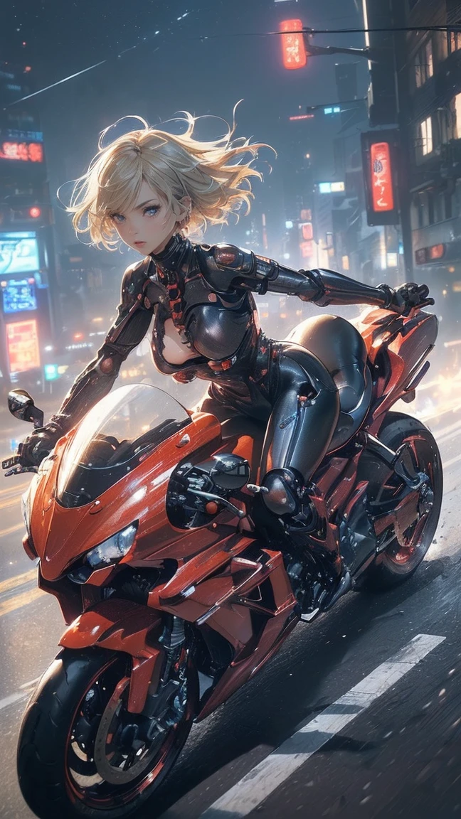 (Female cyborg on a bike)(((8K.HDR.Hyperrealism、Masterpiece 1.2、wlop1、Cinematic、Further content、Live Photo 1.2、Highest quality 1.2、Ultra high definition、Very detailed、Perfect Shading、Face close-up 1.2、1 photo、Commercial Photo 1.2、50mm、Film Grain、sf)))、(((Cyborg riding a red bike、))(Mechanical joints:1.2)、((Mechanical Limbs))、(Blood vessels connected to tubes)、(Mechanical vertebrae attached to the back),((Mechanically connects the cervical spine to the neck),No  expression,(Wires and cables attached to the neck:1.2)、(Head wires and cables:1.2)、(Focus on the characters)、(Rider Suit、Buildings at night、Buildings at night、Impressive night view、Cyberpunk World、Riding on motorcycle、Riding on motorcycle)、、(Focus on the characters、Angle from the side)、(White skin、Blonde、short hair、No bangs)