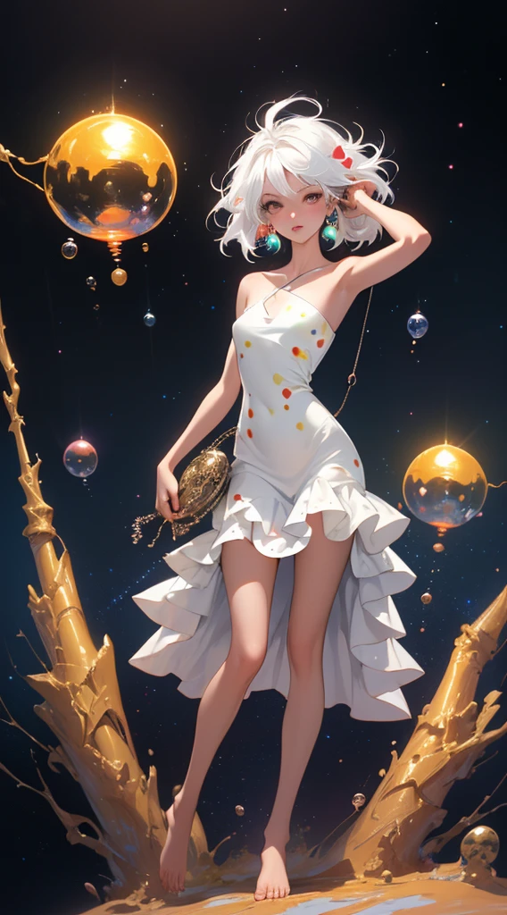 (tmasterpiece, Best quality at best:1.2), (ultra - detailed),(lamplight), Wallpapers, Original,
1 girl, Messy White Hair, thin shoulder strap, White dress, bare-legged, The barefoot, Naked arms, the space, Earth background, Low Earth orbit,
,(Surrounded by colorful spots and dots),Colorful bubbles,(Shiny)