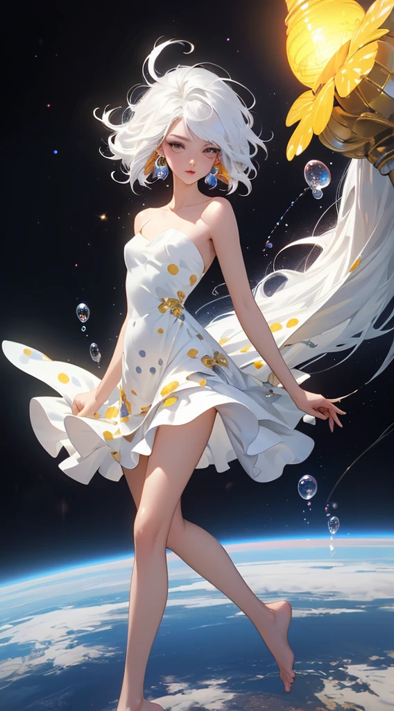 (tmasterpiece, Best quality at best:1.2), (ultra - detailed),(lamplight), Wallpapers, Original,
1 girl, Messy White Hair, thin shoulder strap, White dress, bare-legged, The barefoot, Naked arms, the space, Earth background, Low Earth orbit, 
,(Surrounded by colorful spots and dots),Colorful bubbles,(Shiny)