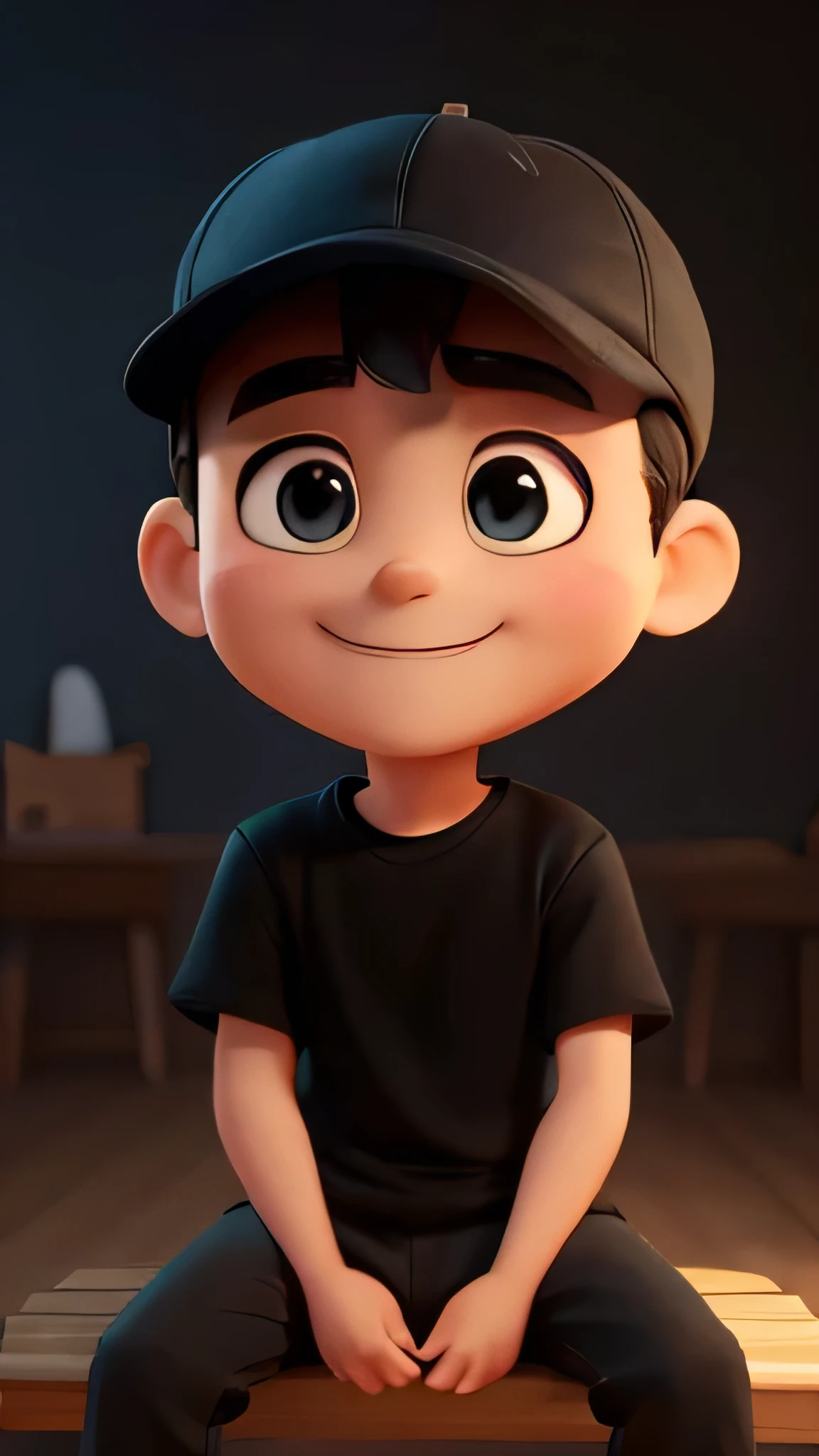 He is wearing a plain black T-shirt and a black cap,Plain black cap,Simple black t-shirt,Denim pants,Simple black cap,tall,A completely plain black T-shirt and cap,good looking,Big eyes,Japanese,Baseball Cap,Small Nose,good looking,tall,Looking at the camera from the front,(Background blur) (Highest quality) (Beautiful Skin) (Detailed Texture) (8K) (clay) (Spotlight lighting) ，Sitting on a chair and exposing the upper half of my body、He is the leader of the class、presentationをしている、Able to work、presentation、Be confident、Eyes are also smiling、leadership、smile、Close-up Character, Character pose、いsmile、Ambient lighting、A little dark studio、Spotlight lighting、Beautiful Skin、Smiling to the eyes、A dark studio、Facing the camera、Your own aura、trust、Spotlight from above