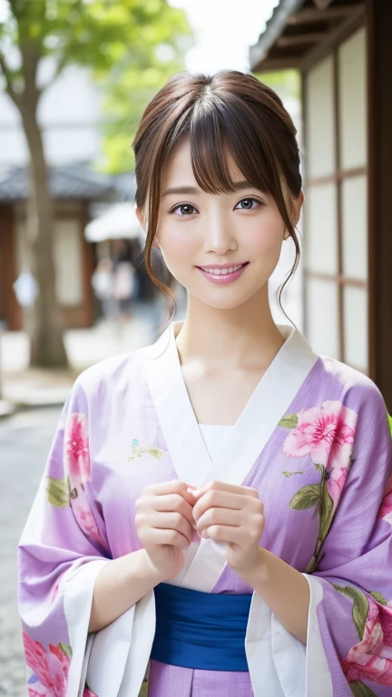 Highest quality、8k wallpaper、Reality:1.4、Photographed by a professional photographer、Photographed in natural light、View your viewers、background:Kyoto street corner、1 beautiful girl、Japanese Idol、30 years old、Beautifully detailed eyes、Detailed face、Beautiful Skin、Slender、Slim waist、Thin legs、Lip balm、Blonde: 1.8、Bobcut、Asymmetrical bangs、Hair decorated with elegant and delicate hairpins、Kimono with vibrant traditional patterns:1.2 、smile:1.5