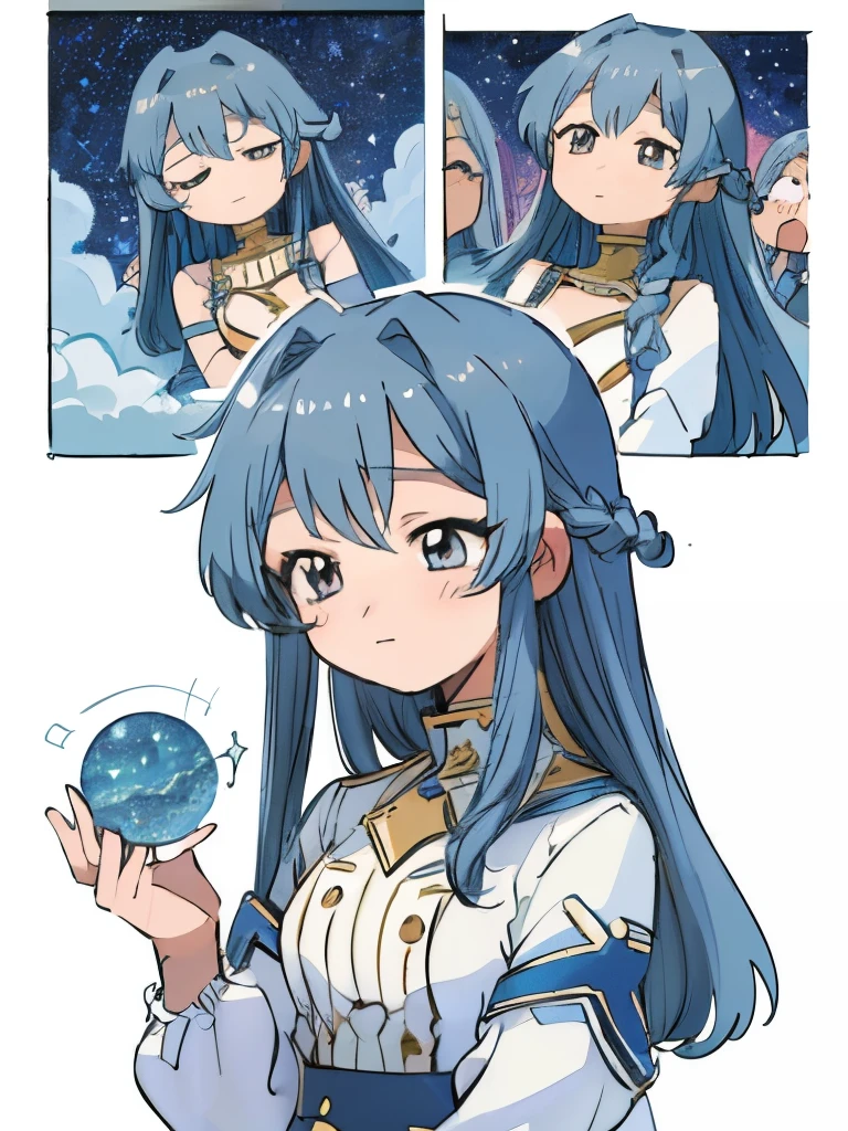 ((SFW)),,,multiple girls, multiple views, comic, Koma, border, chibi, simple background, chibi, simple background, stickers, different emotions, multiple expressions, happy, flustered, softly laughing, sleepy, tired, (best quality,4k,8k, high res,masterpiece:1.2), ((masterpiece)), (((best quality))), slightly muted colors, solo girl, 1 character only, same character, hair color, hairstyle fax, eyes, simple white background, clouds, flowy hair, stars in hair, adult, starry eyes, sea, ocean, celestial, hairstyle fax, deity, muted blue hair, sky-like hair with stars, ocean hair, soft smile, (({comforting aura})),