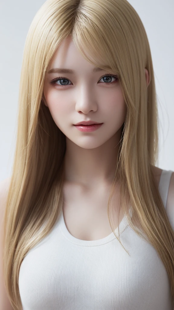(((Blonde、White background)))、An innocent 18-year-old girl、((White tank top、Blonde、forehead、Dramatic Pose))、smile、Long Hair、White background、RAW Photos、(8K、Highest quality、masterpiece:1.2)、(Exquisite detail:1.4)、(Realistic:1.4)、Octane Rendering、Complex 3D rendering with ultra-detail、Studio Soft Light、Rim Light、Sharp details、Very detailed、Realistic skin texture、detailed aspects、Beautiful details、Very detailed CG Unity 16k 壁紙、Compensate、(Detailed Background:1.2)、Shiny skin、