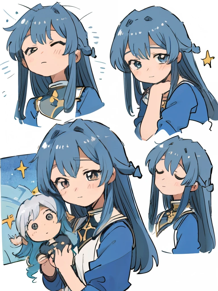((SFW)),,,multiple girls, multiple views, comic, Koma, border, chibi, simple background, chibi, simple background, stickers, different emotions, multiple expressions, happy, flustered, softly laughing, sleepy, tired, (best quality,4k,8k, high res,masterpiece:1.2), ((masterpiece)), (((best quality))), slightly muted colors, solo girl, 1 character only, same character, hair color, hairstyle fax, eyes, simple white background, clouds, flowy hair, stars in hair, adult, starry eyes, sea, ocean, celestial, hairstyle fax, deity, muted blue hair, sky-like hair with stars, ocean hair, soft smile, (({comforting aura})),