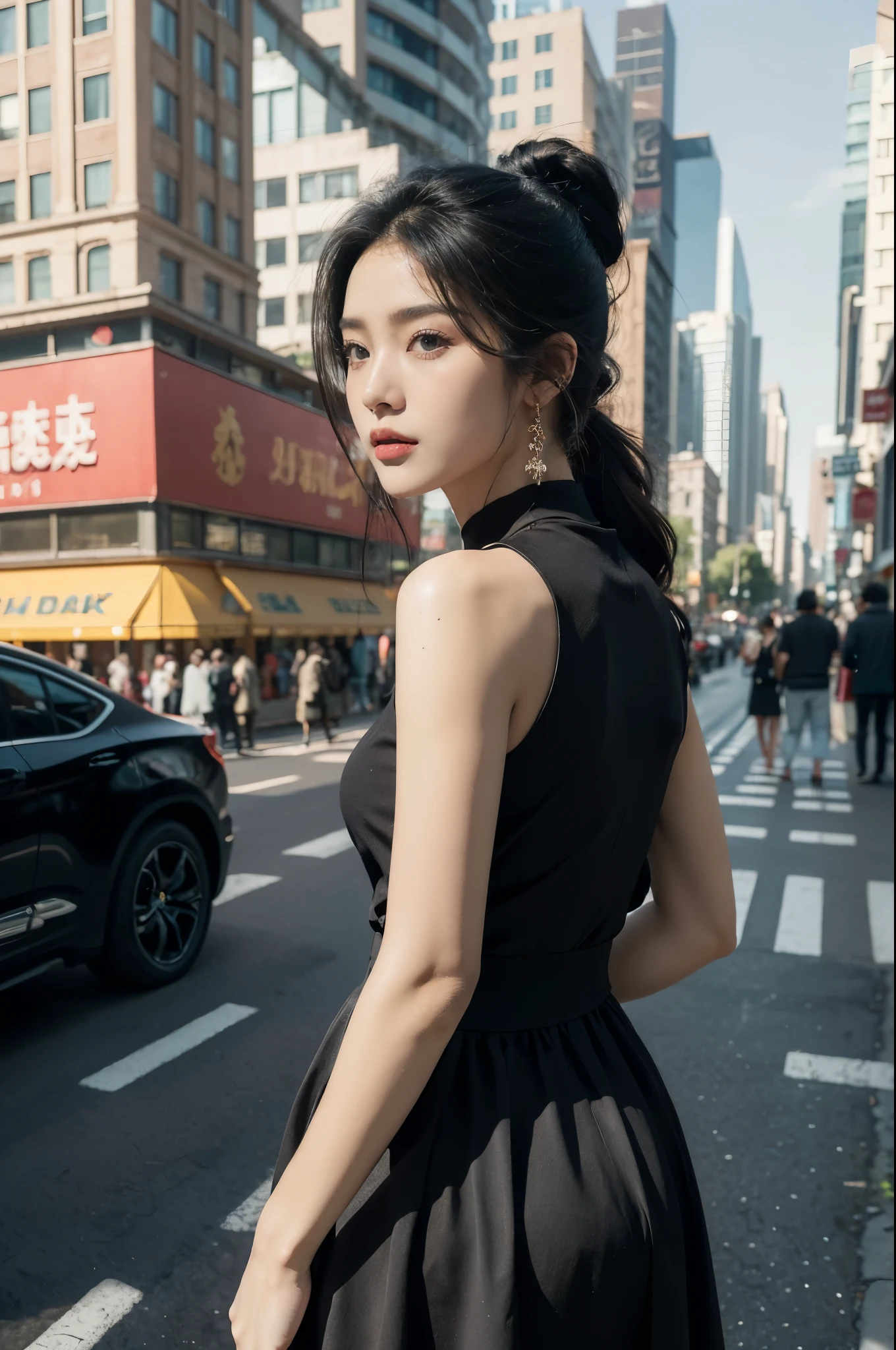 (((best quality))),(((ultra detailed))),(((masterpiece))),illustration,1girl,slim,sun-kissed skin,vibrant rose-pink cotton dress,short ponytail,pantyhose,standing, bustling city streets, honking cars,surrounded by crowded crowds, colorful advertisements,grilled skewers,enjoying sights and sounds,(dark black skin:1.5),day scene,upper body,from front, back,towering ,