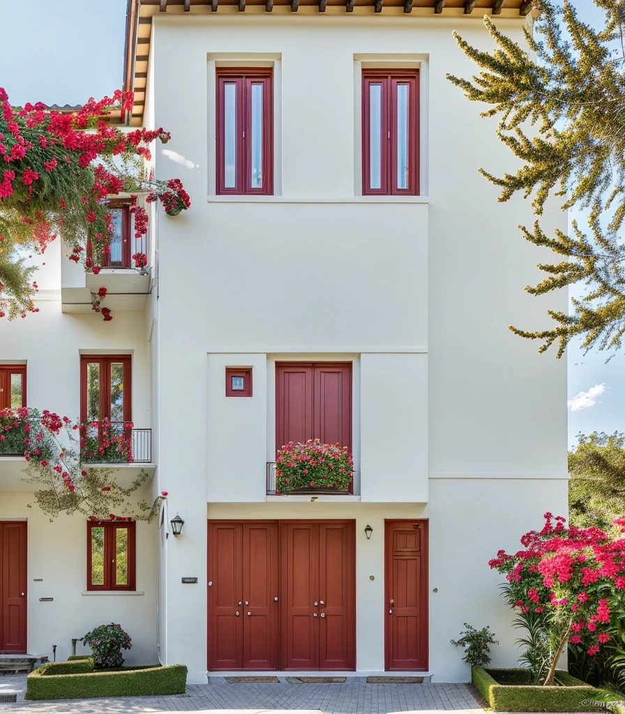 PLATFORM KTHOUSE, Many beautiful red flowers along the road:1.3, romantic, 1MORDEN house, The town house is made from white walls, beautyful light, beautyfulday, sunny, Many red bougainvilleas along the road:1.3, lovely youthful feeling :1.2, sunlight at 12 noon, Very beautiful shadows, 