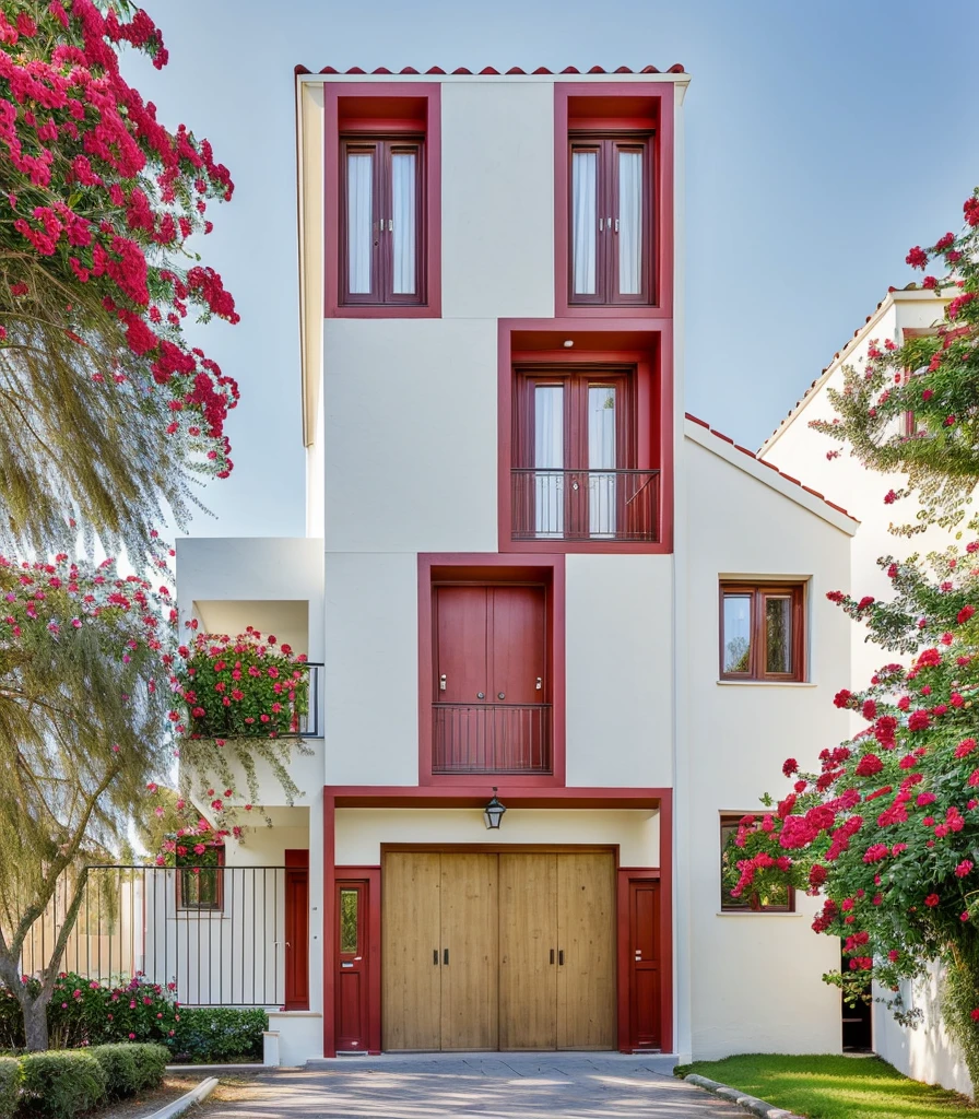 PLATFORM KTHOUSE, Many beautiful red flowers along the road:1.3, romantic, 1MORDEN house, The town house is made from white walls, beautyful light, beautyfulday, sunny, Many red bougainvilleas along the road:1.3, lovely youthful feeling :1.2, sunlight at 12 noon, Very beautiful shadows,