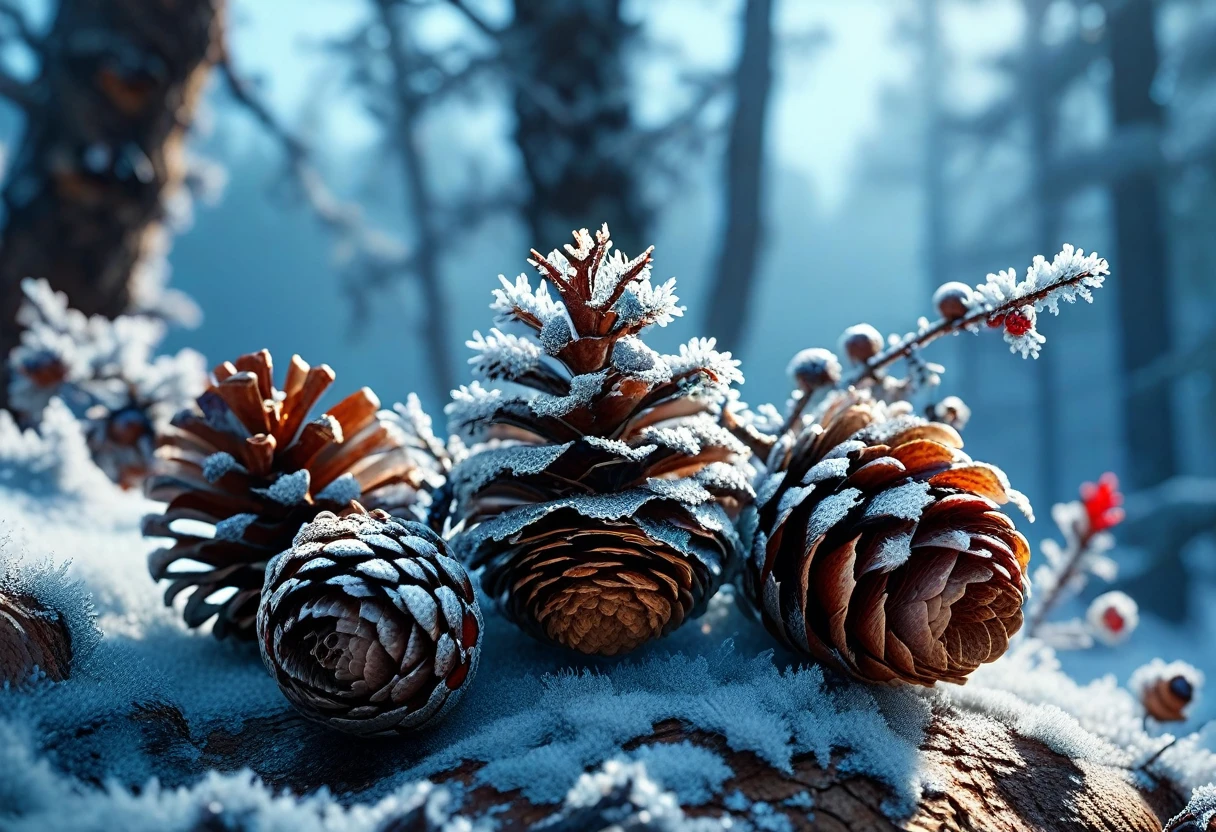 masterpiece, best quality, 8K, professional , By famous artists , Popular on ArtStation, Intricate details, detailed, realism , Reality, Dark Shadows, Natural light, dramatic, Source reality, Frost covered pine cones and((hazelnut)): Look for pine cones delicately covered in frost,((hazelnut)), Create a charming, Winter scene,There is blue and red smoke,Tense atmosphere