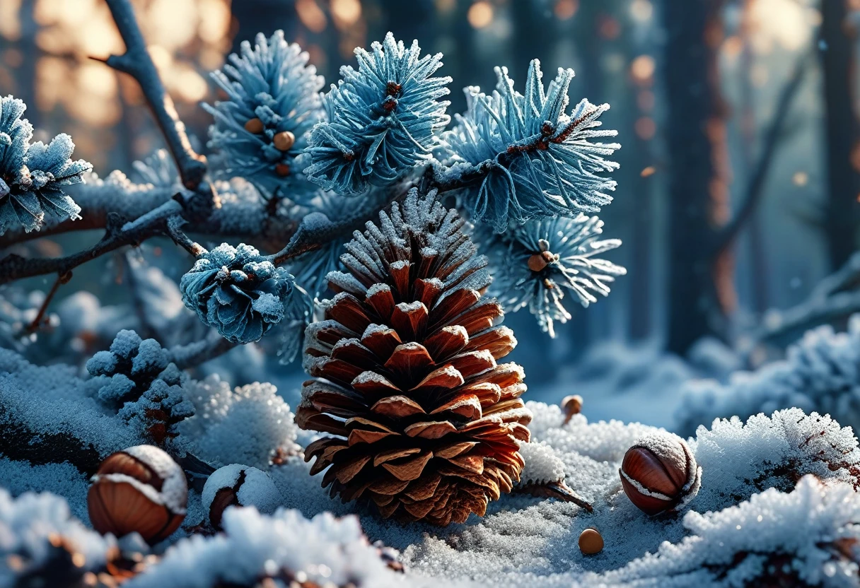 masterpiece, best quality, 8K, professional , By famous artists , Popular on ArtStation, Intricate details, detailed, realism , Reality, Dark Shadows, Natural light, dramatic, Source reality, Frost covered pine cones and((hazelnut)): Look for pine cones delicately covered in frost,((hazelnut)), Create a charming, Winter scene,There is blue and red smoke,Tense atmosphere