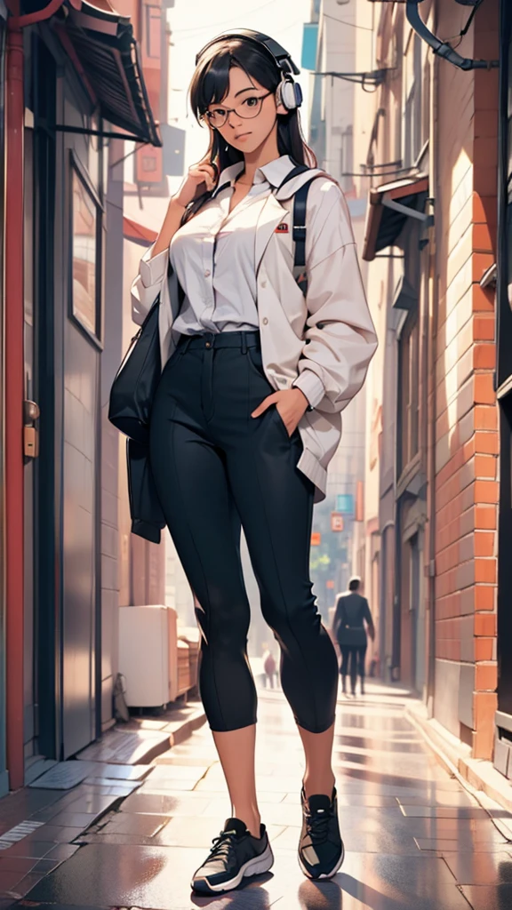 whole body, entire body, full body, total body, upright stance, erect posture, shoes, Shin, 18-years-old beautiful female, (black rim glasses), (white headphones), black hair, date clothes, early summer costume,
costumes of various colors, knowledge, scholarship, enthusiasm, front of whole body, concentration, sense of accomplishment, masterpiece, top quality, 4K, academic atmosphere, (masterpiece), (best quality), ultra-high res, sharp focus, high-definition eyes, anime style