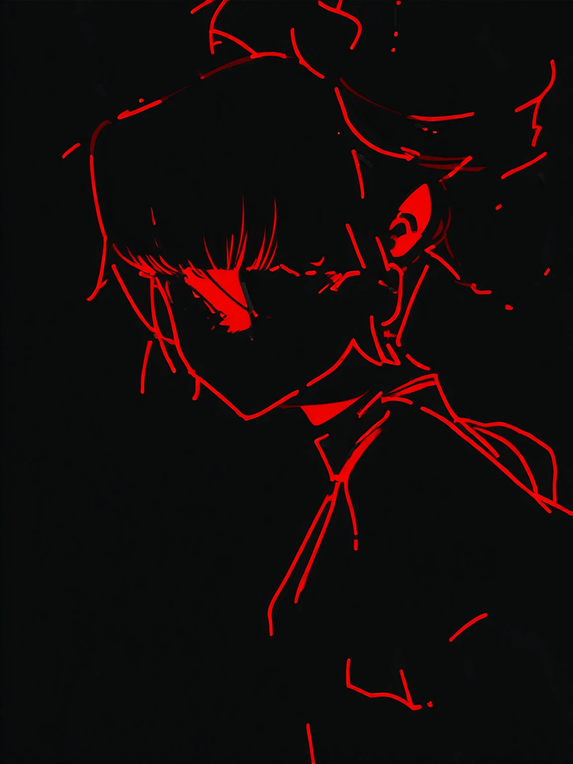 A ponytailed girl、Drawing of a girl wearing a shirt, Clear anime silhouette, clean Line Art, 强烈的Line Art, Line Drawing, perfect Line Art, bold Line Art, sharp Line Art, thick Line Art, 粗Line Art, Line Drawing!!, thick black Line Art, Thick outline, Line Art, Flat anime-style shadows, simple Line Art, Clean and detailed anime style,Accented teto, Red Hair,Red eyes, Solid color background, High contrast, Flat style animation
