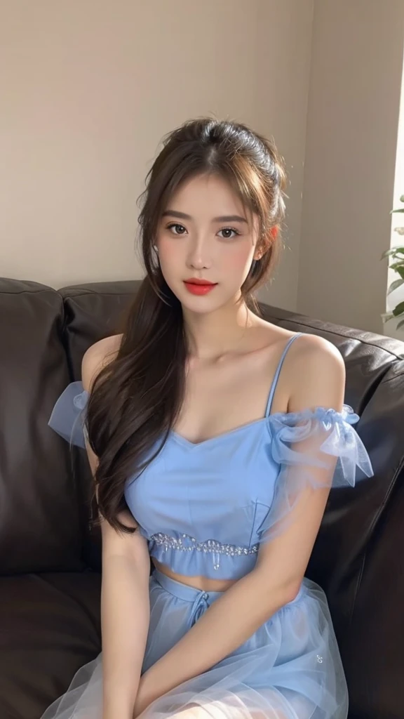 high quality,pretty girl,Sitting on the sofa，Blue tulle top,