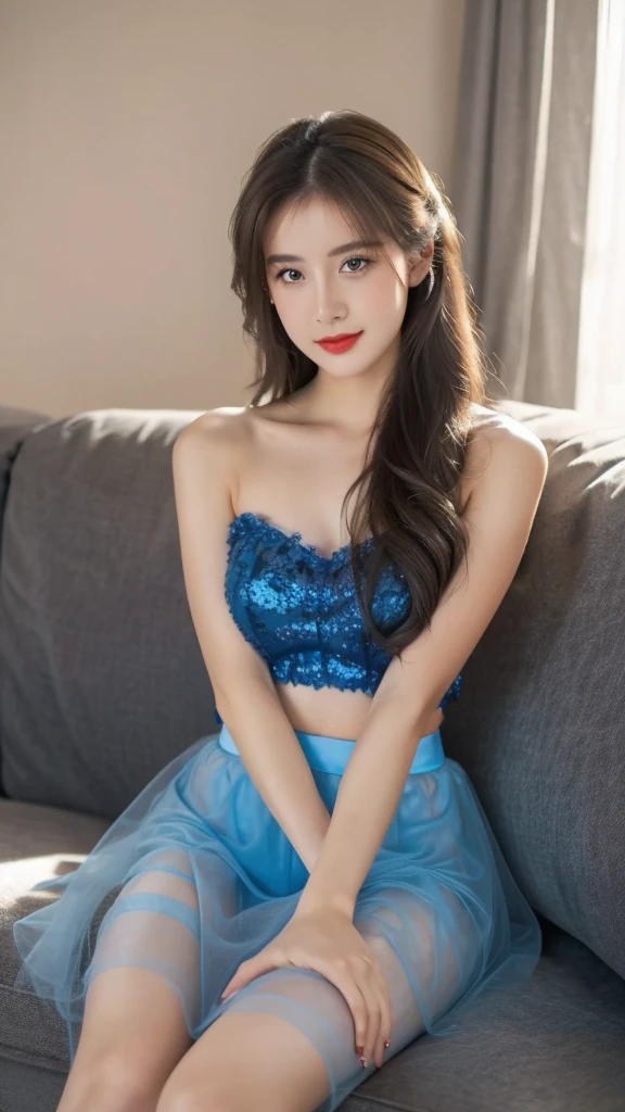 high quality,pretty girl,Sitting on the sofa,Blue tulle top,