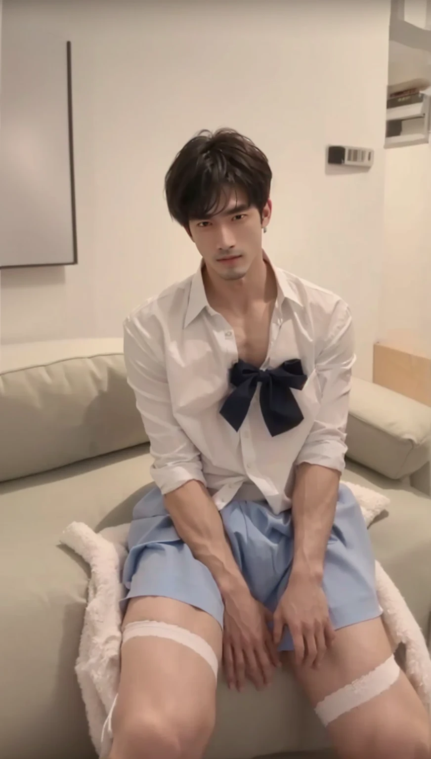 there is a man sitting on a couch wearing a white shirt and blue skirt, huge chest,see-throgh,mini shirt,plump chest,muscular