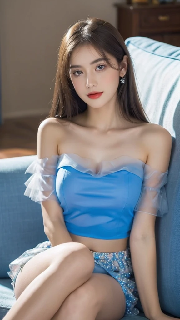 high quality,pretty girl,Sitting on the sofa，Blue tulle top,