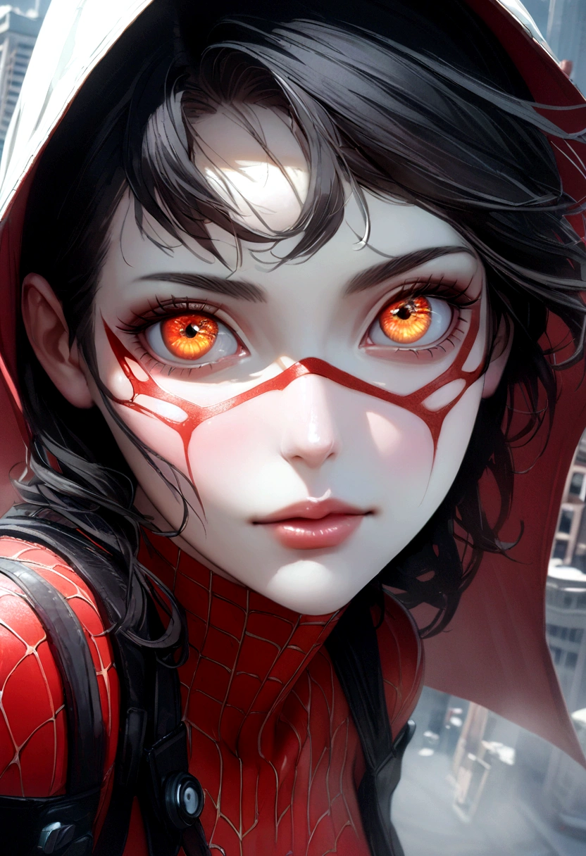 (1 girl:1.3), Solo, (((Very detailed face)))), ((Very detailed eyes and face.)))), beautiful details eyes, Body Parts__, Official Art, Unified 8k Wallpaper , super detailed, beautiful and beautiful, beautiful, Masterpiece, best quality, Original, Masterpiece, super fine photo, best quality, super high resolution, realistic realism, sunlight, Full length portrait, extraordinary beauty, dynamic pose, delicate face, vibrant eyes, (from the front), He is wearing a Spider-Man suit, red and black color scheme, spider, highly detailed city roof background, roof, overlooking the city, detailed face, detailed complex busy background, messy, splendid, milky white, highly detailed skin, realistic skin details, visible pores, clear focus, volumetric fog, 8k hd, DSLR, high quality, film grain, white skin, photo realism, lomography Translucent, futuristic, dystopian megalopolis