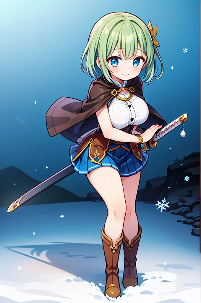 Fantasy,((Masterpiece)),((high resolution)),((Best Quality)),Anime illustration,((1girl)),(ウェーブがかったshort hair),(short hair),(Dark green hair),Braid,Large round light blue eyes,Droopy eyes,12 years old,baby face and big breasts,(very big breasts),(child),Short stature,,sleeveless white blouse,Blue ,slit,Brown corset,brown capelet,smile,Golden hair ornament,Brown long boots,blue sky,Snow Mountain,Full body image,Battoujutsu,