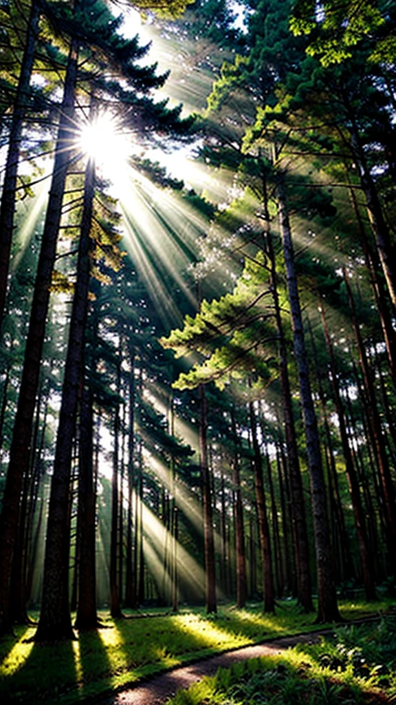 forest、Fresh greenery、Sunlight filtering through the trees、photograph